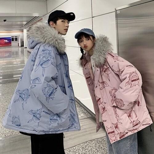 Pokemon Winter Couple Coat Harajuku Pikachu Korean Style Women Loose Hooded Down Jacket Silk Cotton Stuffing Fashion Men Tops