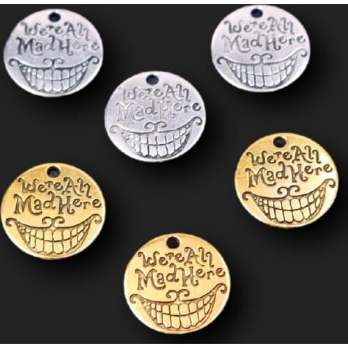 10pcs Silver Plated We're All Mad Here Movie Tags Pendant Retro Necklace Bracelet DIY Charms Jewelry Handicraft Making 20mm A366