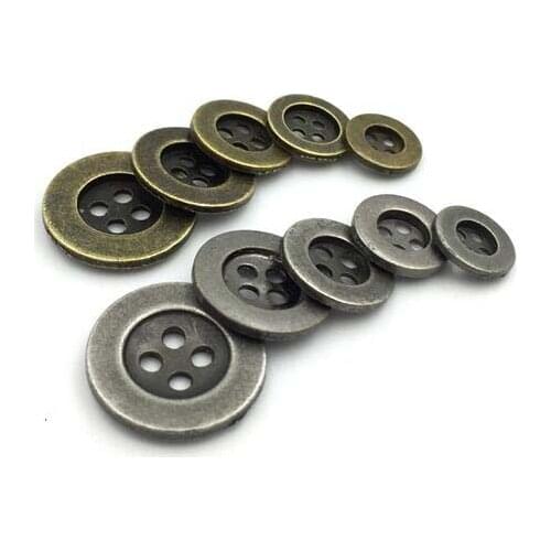 2018new Zinc metal alloy 10mm/11.5mm/12.5mm/15mm Sewing Button 50pcs Metal Buttons Round Antique silver&Bronze 4 Holes