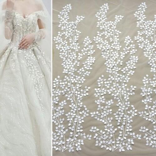2Pcs 3D Sequin Satin Embroidery Branch Wedding Dress Veil DIY Curtain Dress Fabric Lace Applique Ivory