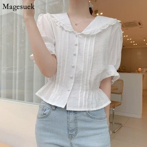 2021 Summer Peter Pan Collar Korean Blouses Office Lady Button White Women Shirt Ruffles Solid Shirt Blouse Women Clothes 10103