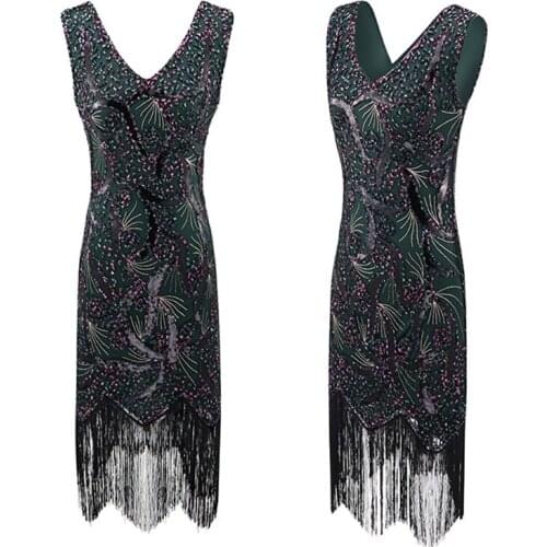 2021 Embellished Beaded Sequin Dress Robe Vestidos Women 1920s Flapper Dress Vintage V Neck Sleeveless Long Great Gatsby Dress