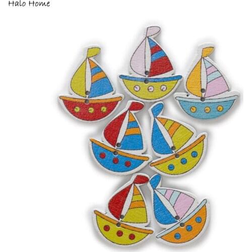 30pcs Sailboat Wood Buttons Sewing Scrapbooking Clothing Headwear Handmade Crafts Home Decor Accessories DIY 28x24mm
