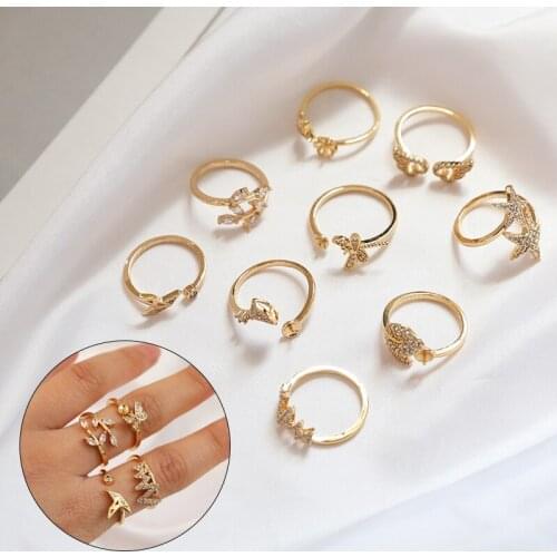 6pcs Classic Copper Plated Retro Leaf Thousand Paper Crane Wings Zircon Open Ring DIY Handmade Personality Ring Jewelry