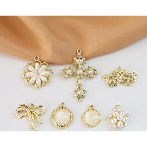 6pcs korean Vintage Rhinestone studded pearl Earrings round bow cross pendant Retro diy handmade jewelry necklace accessories