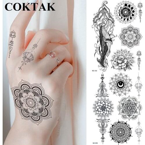 Black Henna Mandala Flower Finger Lotus Bracelet Temporary Tattoos Sticker Fake Women Arm India Mehndi Tattoo Girls Custom Tatoo