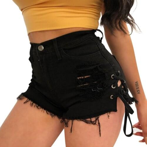 Women Mid Waist Ripped Bandage Demin Shorts Distressed Denim Jeans Hot Shorts