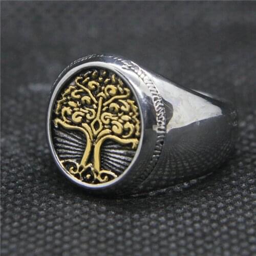 Drop Ship 7-14 Golden Tree Ring 316L Stainless Steel Mens Cool Life Tree Ring