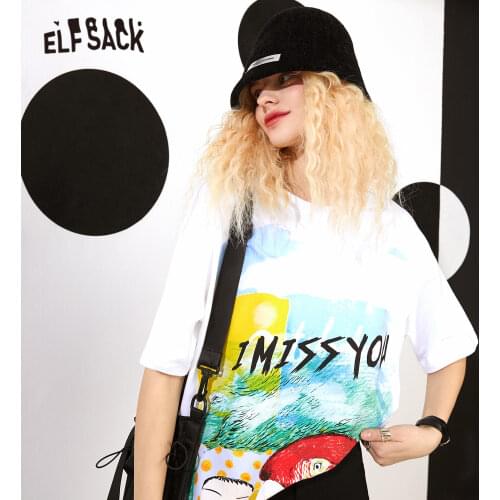 ELFSACK X Duan Ge Xin Harajuku Cartoon Print Casual Pullovr T-Shirts Women,2021 Spring ELF Vintage Female Basic Daily Tops