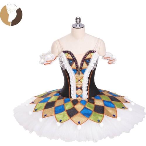 FLTOTURE Adult Professional Classical Ballet Pancake Tutu Black White Ballet Tutus Nutcracker Dolls Harlequin Columbine Costumes