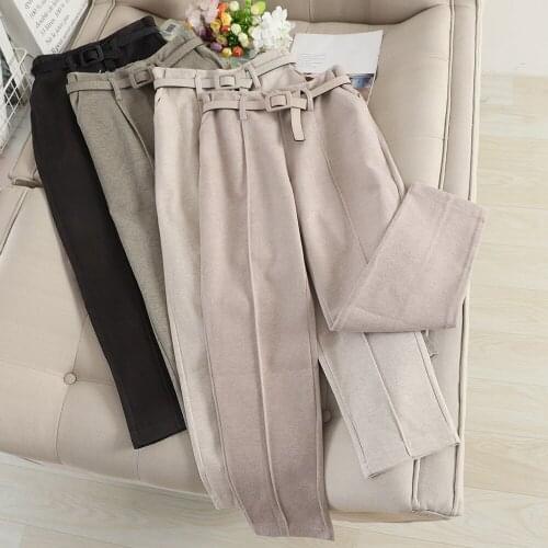 Korean Winter Wool Pants women New High Slim Waist Belted Harem Elegant Trousers Female Autumn Warm Womens Long Pants G1043