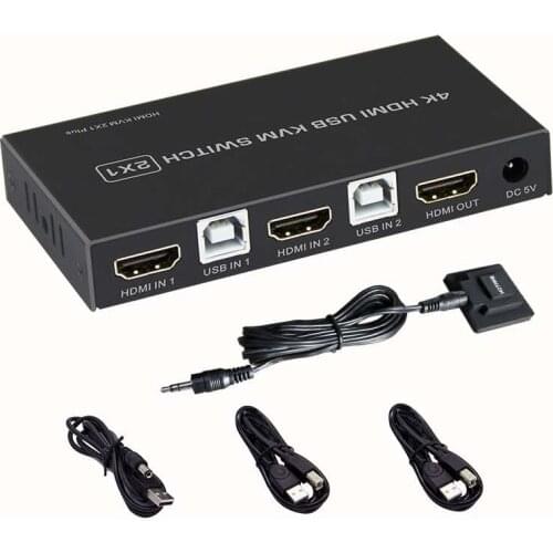 4K HDMI KVM Switch 2 In 1 Out USB HDMI1.4 KVM Switcher Splitter Support Remote Wake-Up for Keyboard Mouse Printer Monitor