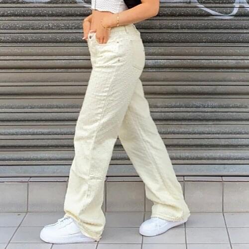 Baggy Pants For Women White And Brown Jeans Ripped Jeans Holes Texture Straight Wide Leg High Waisted Pants Vintage Streetwear