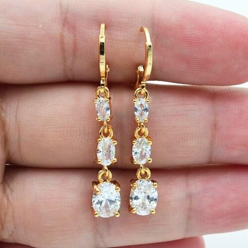 Fashion Jewelry Gold Color Clear Zircon CZ Oval Crystal Dangle Earrings for Women