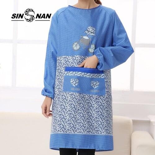 SINSNAN Women Sleeved Vogue Apron For Kitchen Korean Style Pockets Baking Accessories Coffee Shop Antifouling Floral Pinafore