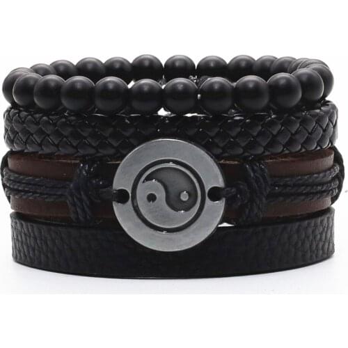 Black Taichi Believe Guitar Feather Infinity Wing Cross Beads Wrap Woven Leather Men Bracelets Bangle male Jewelry Fashion
