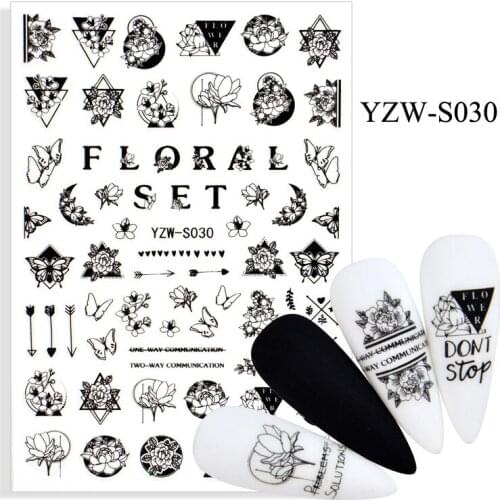 3D Nail Sticker Black Flower English Slider Nails Art Decoration Wraps Decals Design Adhesive Manicure Tips Stickers Pegatina