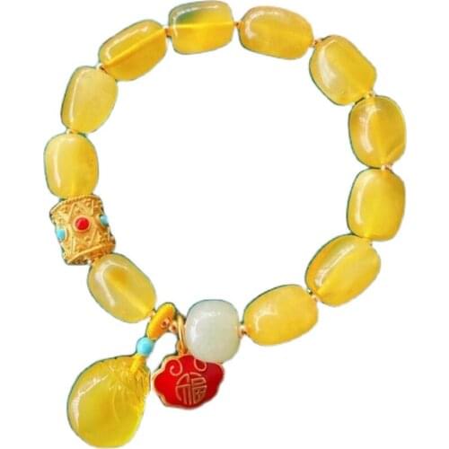 2020The New Natural Beeswax Yellow Oval beads Jade Womens Bracelet Small Wishful Pendant Jewelry Lucky Stone