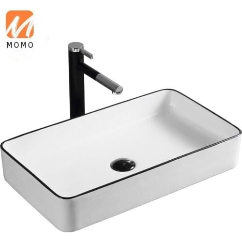 New Arrival Good Quality Ceramic White Wash Basin Black Color Line Rectangular Shape Bathroom Sink