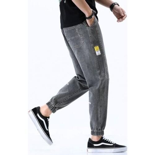 New Arrival Elastic Waist Fashion Harem Pants Male Korean Trendy Casual Denim Trousers Scratched Bleached Hole Plus Size