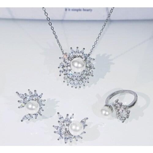 Original new style silver inlaid zircon fashion pearl necklace pendant earrings opening adjustable ring set ladies jewelry