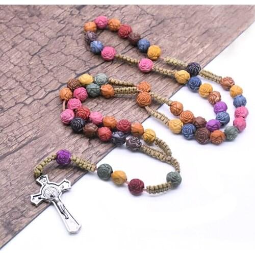 Religious Prayer Short Colorful Rose Beads Chain Catholic Cross Pendants Rosary Necklaces Christ Jesus Church Jewelry