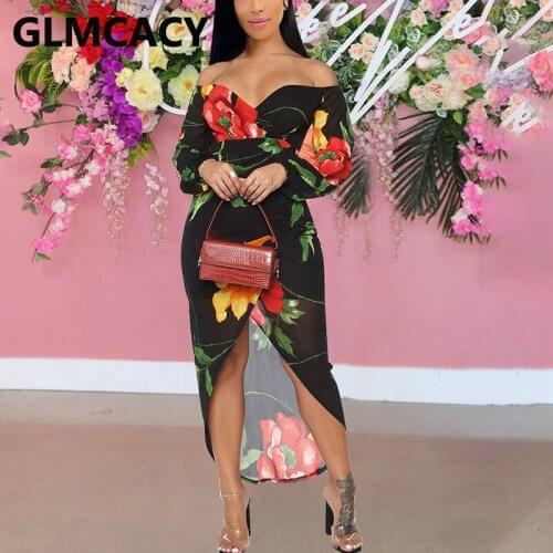 Long Sleeve Off Shoulder Floral Printed Mesh Dress See Through Elegant Dress