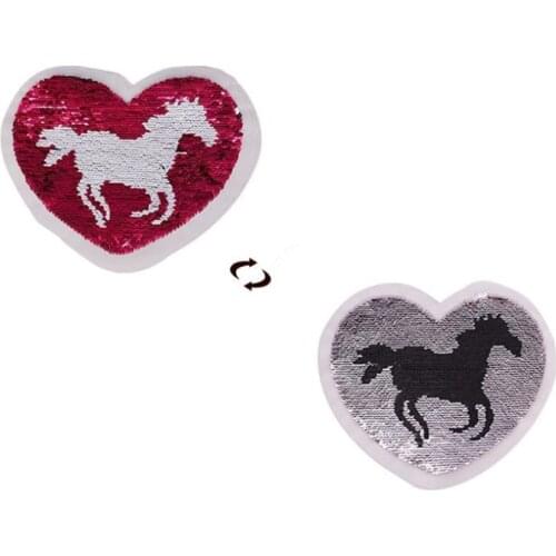 ShinEquin Diy 220mm Horse Heart AB flip the double sided Patches for clothing Reversible change color sequins Patch T-shirt Girl