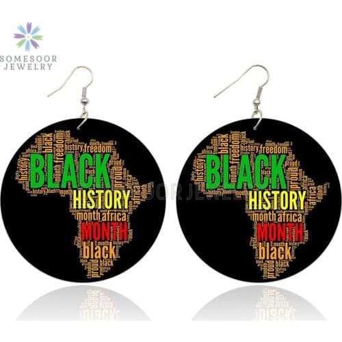 SOMESOOR Black History African Month Map Design Wood Drop Earrings Double Sides Print Freedom Writings Dangle For Women Gifts