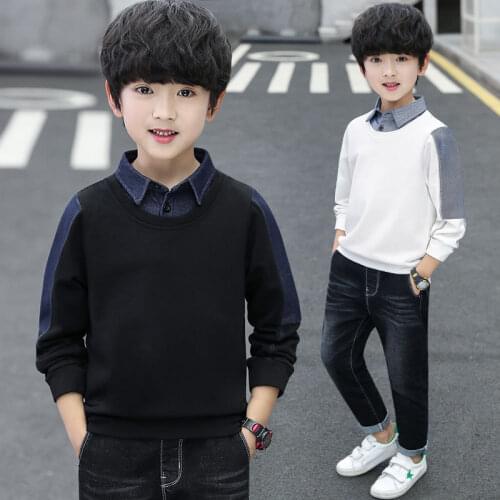 Boys' sweater autumn and winter childrens tops warm long-sleeved T-shirt, boy plus velvet fake two-piece bottoming shirt