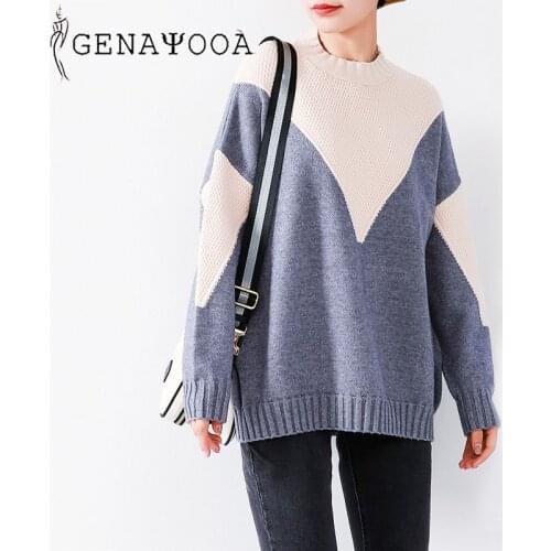 Genayooa Patchwork Sweater Women O Neck 2020 Autumn Winter Korean Style Pullover Sweaters Ladies Jumper Chic Knitted Tops