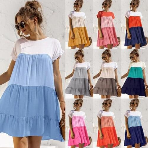 2021 New Summer Stripe Dress Women Casual Ruffle Short Sleeve O Neck Loose Patchwork A Line Dress AM3031