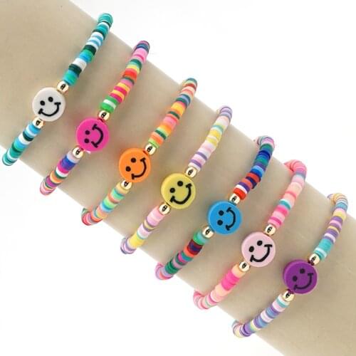 10PCS, Happy Face Bracelet For Women Colorful Bracelets On Hand Jewellery Dics Round Beaded Polymer Clay Pulseras Mujer Moda