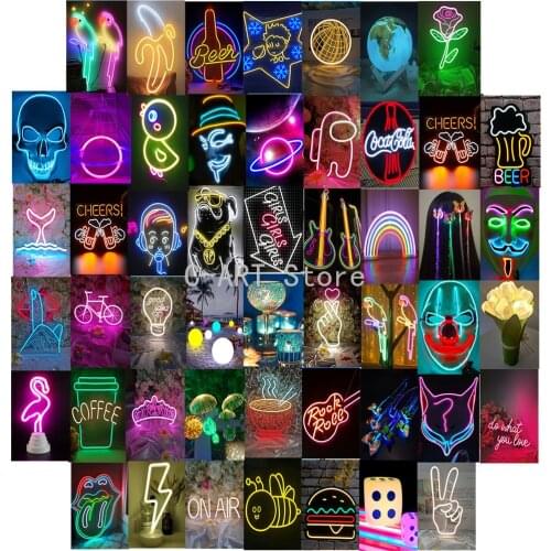 50Pcs Beer Drinks Lamp Aesthetic Picture for Wall Collage Kit Neon Poster Print Set Bar Cafe Modern Room Decor Wall Sticker