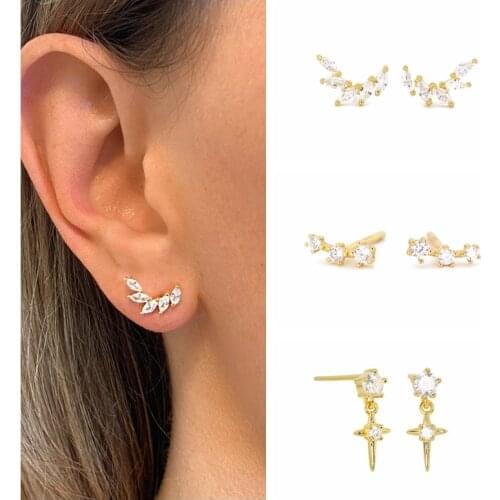 Aide 925 Sterling Silver European Style 18k Gold Plated Zircon Line Stud Earrings For Women Leaf Branch Crystal Earring Jewelry