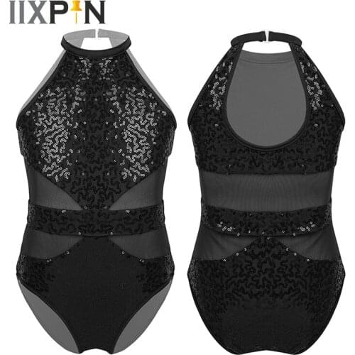 Gymnastics Leotard Girls Ballet Dress Kids Sleeveless Halter Sparkly Sequins Mesh Splice Cutouts Back Leotard Ballet Dancewear