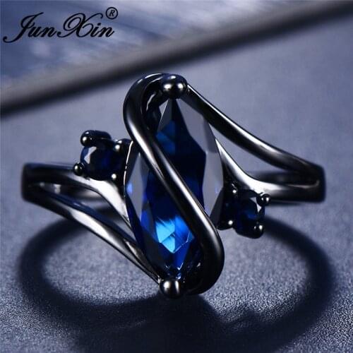JUNXIN Vintage Blue Stone S Shaped Wedding For Women Men Black Gold Filled Big Marquise Zircon Engagement Ring Band Jewelry