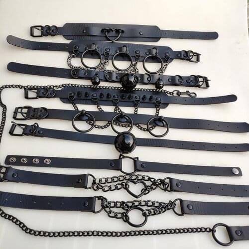 Bells Choker New Black Sexy Punk Harajuku Goth Collar Chain Necklace pu Leather Bondage Cosplay Neck Party Jewelry traction rope