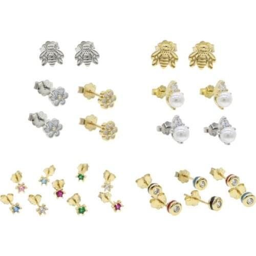 925 Sterling Silver Minimalist Cute Colorful Studs Bee/ Flower / Star /Bead/Pearl Earrings Charm Jewelry For Women Wedding