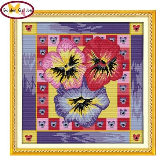 GG Pansy Cross Stitch Printed DIY 11ct14ct Needlepoint Embroidery Set Chrinese JoySunday Counted Cross Stitch Kit for Home Decor