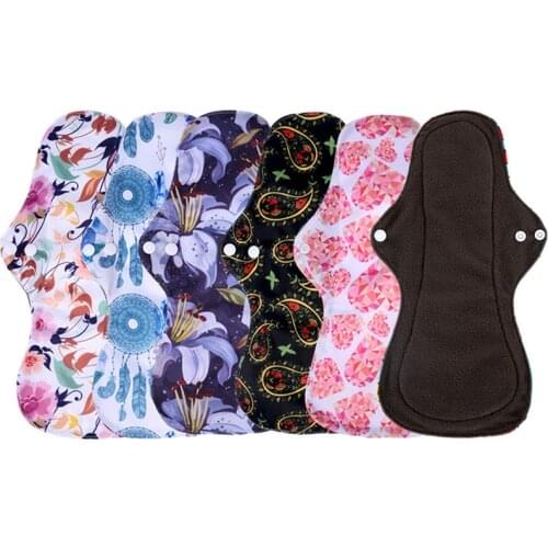Flower Printed Washable Sanitary Pad Bamboo Charcoal Cloth Pad Night Use Reusable Menstrual Pad For Heavy Flow, Large Size Pad