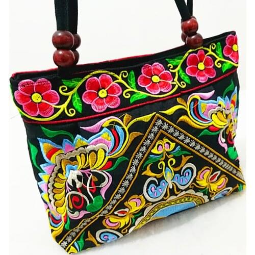 Embroidery Ethnic Travel Shoulder Bag Women Bags Handmade Double Faced Flower Vintage Embroidered Canvas Wood Beads Handbag