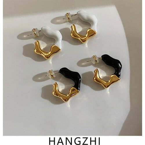 HANGZHI 2021 New Trendy Retro Design Irregular Wave C-shaped Drip Glaze Stud Earrings for Women Girls Cool Fashion Party Jewelry