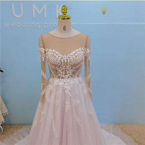 UMK Vintage Lace Wedding Dress Long Sleeve O-Neck Boho Pink A-Line Bridal Gowns