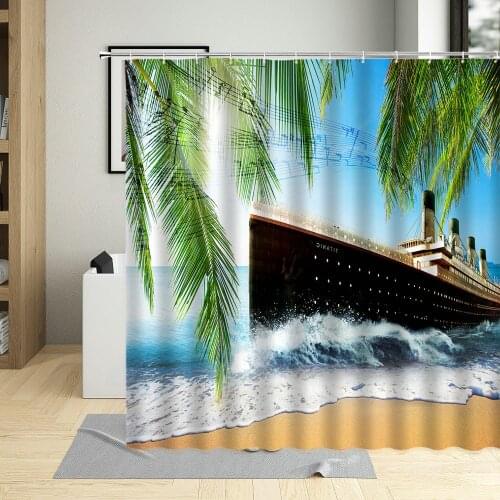 Seaside Nature Scenery Waterproof Bathroom Decor Curtains Beach Coconut Tree Boat Polyester Fabric Shower Curtain With Hooks