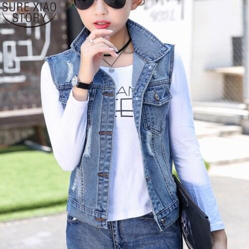 Hole-breaking Short Denim Coat Fashion Korean Denim Jacket Women Female Plus Size 3XL Sleeveless Jacket Ladies Tops 12257