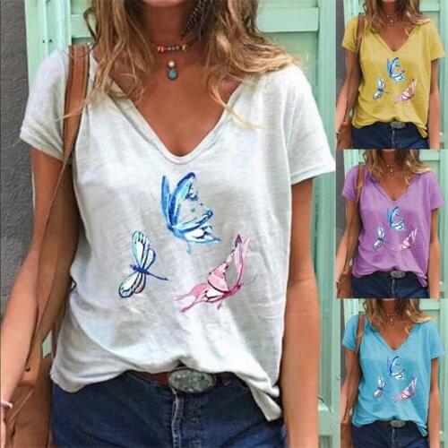 3D Butterfly Print Women T-Shirts New Summer Short Sleeve Beach Casual Tops 3XL Plus Size Loose Female V-Neck T-Shirt White Top