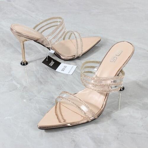 Womens Sandals Fashion New Products Pointed Toe Open Toe Gold PVC Chain High Heel Womens Shoes Stiletto Party 10CM