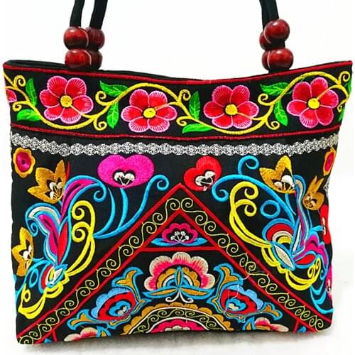 Womens Handbags Vintage Embroidery Handbag Flower Ethnic Canvas Wood Beads Double Layered Travel Shoulder Bag
