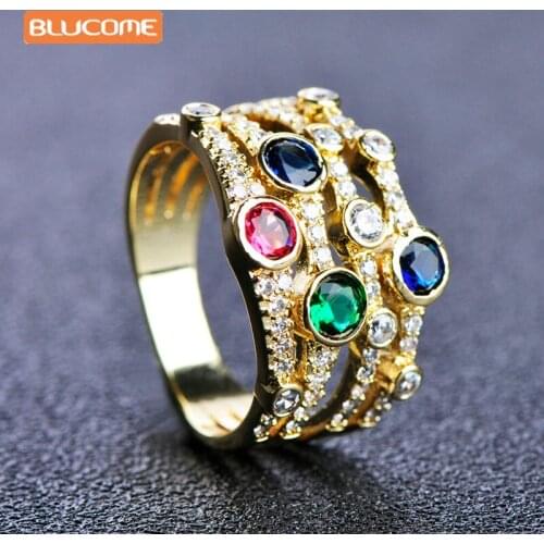 Blucome Colorful Rhinestones Wide Rings For Women Girls Wedding Party Jewelry Copper Zircons Material Ring Anel 2017 New Style